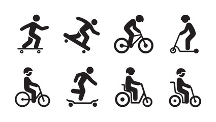 People riding bikes, skateboards, and scooters black silhouette icons set. © Tanvir