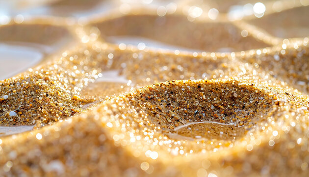 Extreme close-up of wet sand grains and tiny water pools, natural texture.