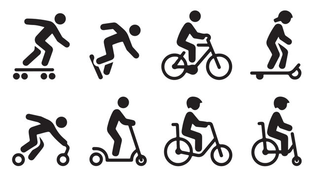 Action silhouettes of people using skateboards scooters and bicycles for sports activity.