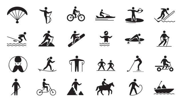 Various extreme and outdoor sports activities black silhouette icons collection.