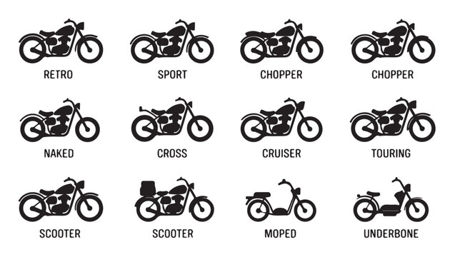 Motorcycle types icons set retro sport chopper naked cross cruiser touring scooter.