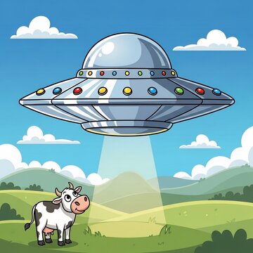 宇宙船、牛を誘拐？可愛らしいイラスト、青空の下の不思議な瞬間。