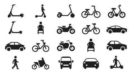 Set of city transport icons featuring various electric scooters and bicycles and motorcars. © Tanvir