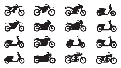 Collection of various motorcycle silhouettes including sport bikes and scooters for riding. © Tanvir