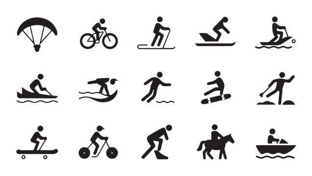 Extreme sports and outdoor activity icons parachute cyclist snowboarder surfer skateboarder rider.