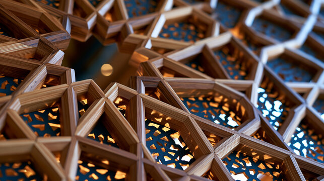 Sufi dervish lodge wooden lattice screen jali close, geometric star polygon interlocking fretwork, poplar timber carved pierced panel, Seljuk heritage iwan divider, diffuse interior ambient light tr