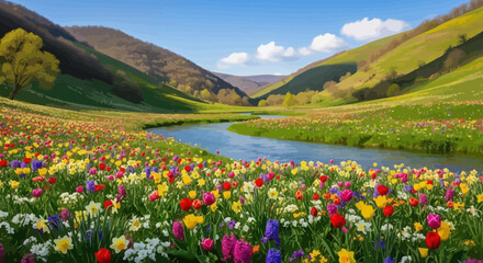 Obraz premium Vibrant Spring Landscape with Colorful Wildflower Meadow and Winding River