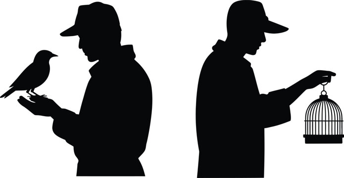 Silhouette illustration of a man interacting with a bird and an empty birdcage silhouette wildlife