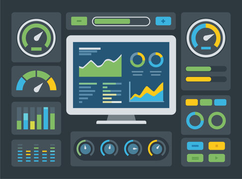 Modern flat vector UI dashboard elements vector illustration. Features data charts, analytics graphs, and tech control panel design. Perfect for web design and app interfaces.