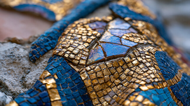 Byzantine mosaic apse detail fragment close, gold tesserae setting angle variation creating surface shimmer, vitreous glass face tile, opus vermiculatum contour joint, fifth-century heritage conserv