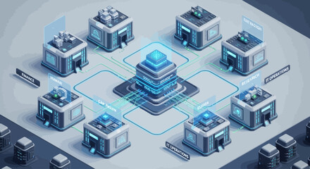 Fototapeta premium Futuristic server room with interconnected data centers and network infrastructure.