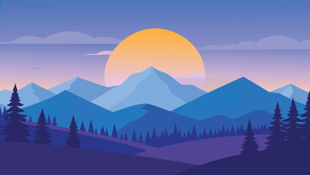 Vibrant sunset over layered blue mountains with pine trees and clouds vector illustration concept