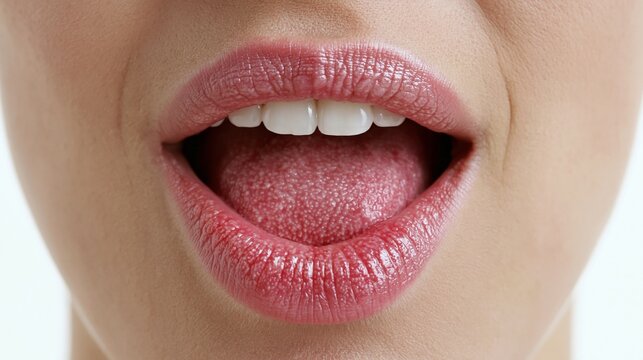 Closeup of an open mouth showcasing a visibly irritated tongue with detailed glossitis smooth skin texture softly lit in symmetrical framing on a bright white background
