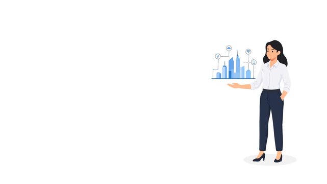 Businesswoman Presenting Smart City Technology Concept Animation On White Background With Copy Space.  Modern Urban Tech, Location Services, And Intelligent Infrastructure. 