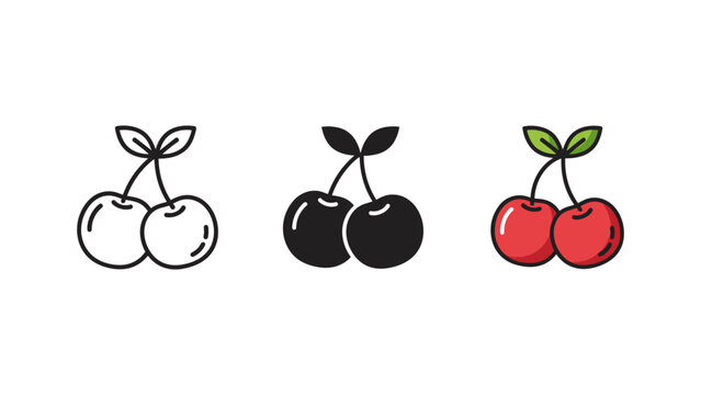 Fresh cherry fruit pair icon set in line silhouette color styles with illustration ingredient isolated
