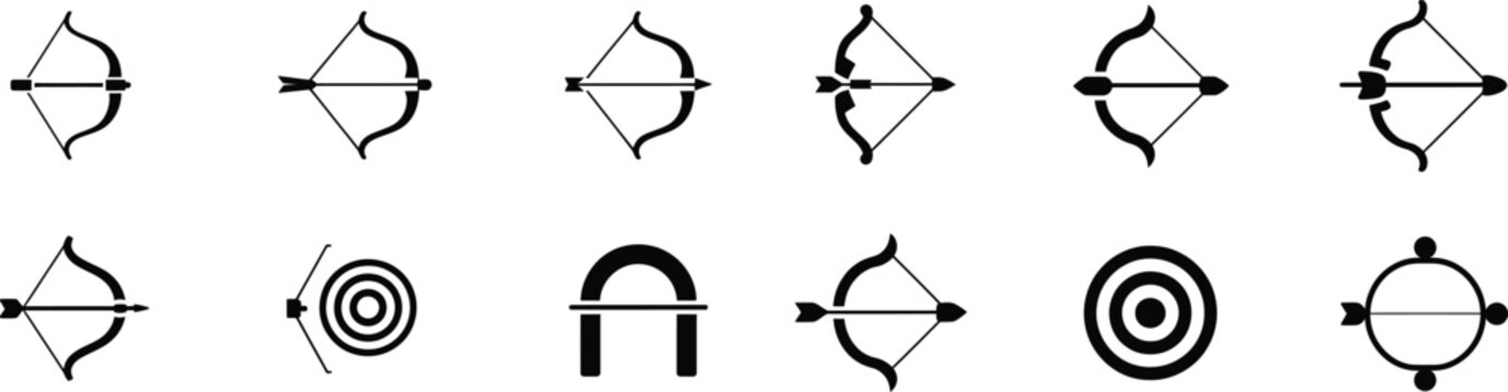 Creative set of archery icons featuring bows arrows and targets for sports branding and design projects related to target practice and athletics.