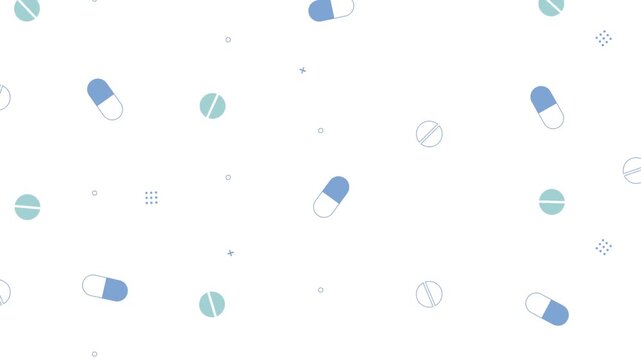 Medical Pills Background Seamless Pattern Animation, Floating Capsules, Round Tablets, Dots, And Geometric Elements. Healthcare Motion Animated Design Blue Colors On White Backdrop. . 
