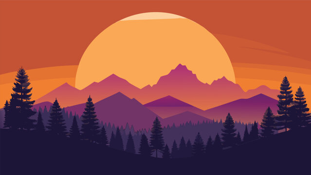 Majestic mountain range during a vibrant sunset with silhouetted pine trees and warm gradient sky flat design vector
