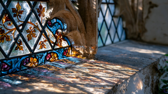 Lancet chapel window backlit by afternoon sun, medieval painted glass depicting vine scroll border with ruby jewel glass quarries, thin stone mullions casting shadow grids, Gothic pointed arch trace