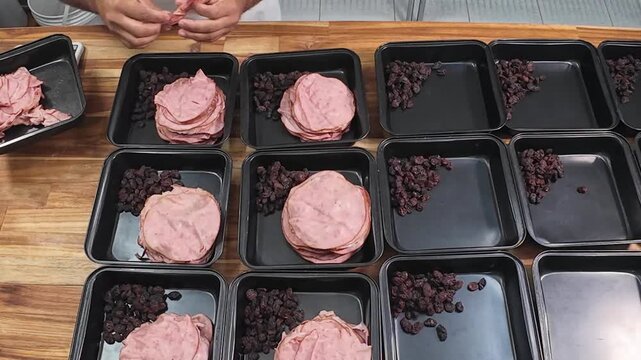 Top-down chef hands portioning ingredients into containers for pan de jam&oacute;n preparation