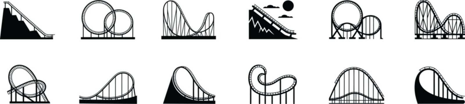 Roller coaster vector icons set design. various thrilling amusement park rides with loops, twists, and drops on tracks.