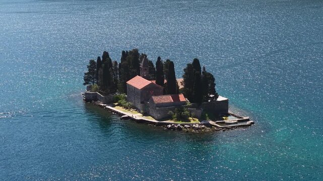 Drone Shot of Saint George Monaster on Small Island in Kotor Bay Near Perast, Montenegro