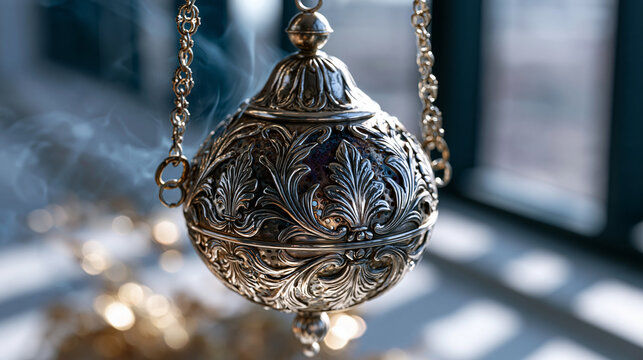 Ornate silver thurible hanging stationary on chain, etched ecclesiastical foliate scroll decoration, smoke residue patina inside perforated globe, Catholic liturgical incense vessel, studio negative
