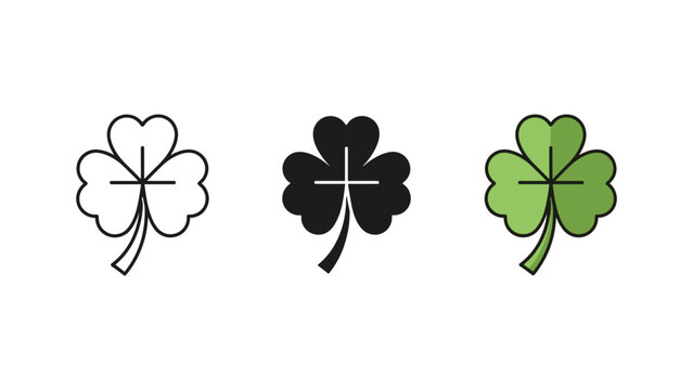 Three leaf clover shamrock vector icon set in linear solid and green color with st patricks day, shamrock