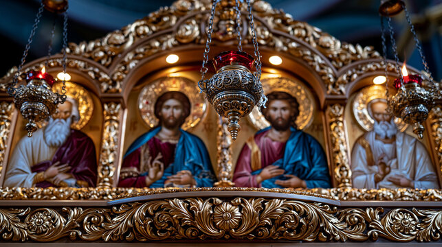 Orthodox icon screen iconostasis gilded carved wood tier, egg tempera saint portrait panel row, hanging votive lamp oil metal, incense smoke haze layer, deesis tier detail, Byzantine heritage devoti