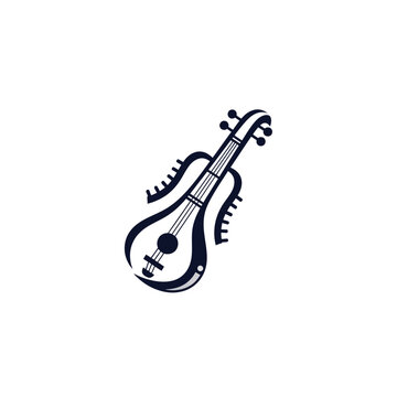 Detailed black and white illustration of traditional veena instrument.