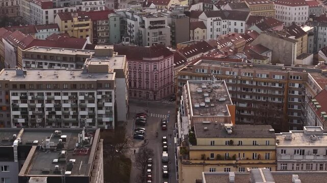 Prague, Czech Republic, Drone Shot of Traffic and Buildings in Zizkov Residential Neighborhood on Sunny Evening