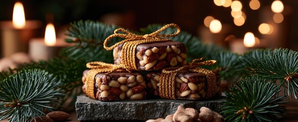 Obraz premium Golden twine-wrapped nut confections arranged with pine needles and glowing candles, creating a warm holiday atmosphere.