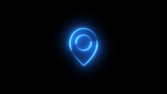 Neon location sign icon animation glowing blue color journey map travel direction tracking position search address place sign symbol on black background