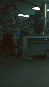 A laboratory shows empty chairs and workstations. Light comes from computer screens and overhead lights. Equipment is set up but no people are present in the space at night.