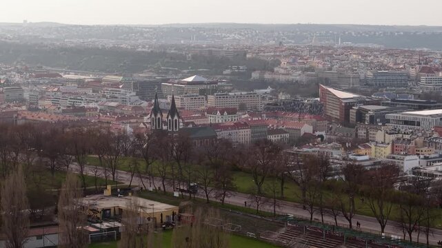 Prague, Czech Republic, Drone Shot of Karlin Neighbrohood From Vitkov Hill on Sunny Spring Morning