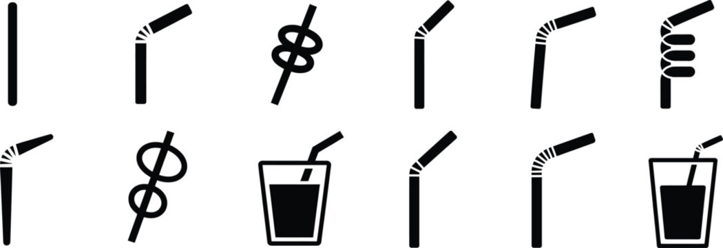 Drinking straw icons set featuring straight flexible curly and glass integrated designs for cafe branding juice shops and refreshing beverage.