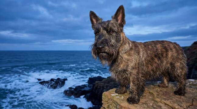 Scottish Terrier Dog On Rocky Coast With Blue Ocean Waves And Watchful Pose