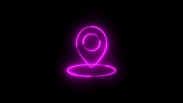 Neon location sign icon animation glowing pink color journey map travel direction tracking position search address place sign symbol on black background
