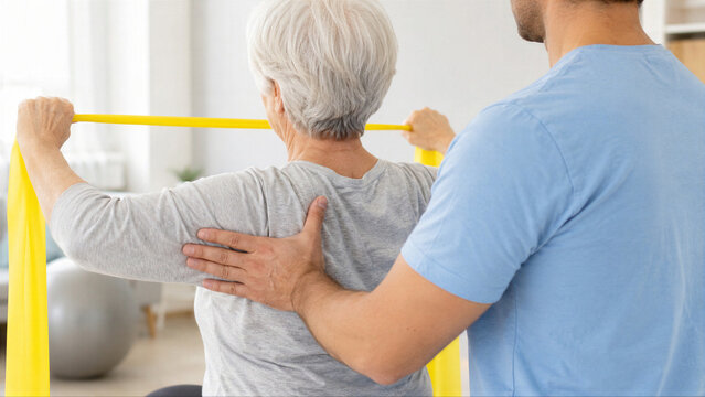 Senior woman doing physical therapy with elastic band assisted by physiotherapist. Rehabilitation exercise for shoulder mobility. Healthcare support and active recovery for elderly patient.