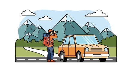 Obraz premium Traveler with backpack and camera near car with mountains landscape background