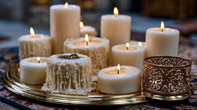 Altar candle grouping arrangement close, ivory pillar wax columns varying heights on polished brass stand, dripped wax cascade texture, snuffed wick carbon trace, votive holder filigree metalwork, s