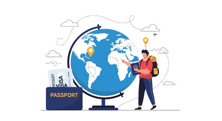 Naklejka premium Traveler with Passport and Globe, Planning Global Adventure and International Journey