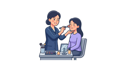 Obraz premium Makeup artist applying blush to smiling woman's cheek, beauty salon concept