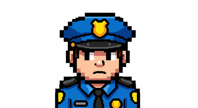 Pixel Art Police Officer Uniformed Character with Badge and Hat
