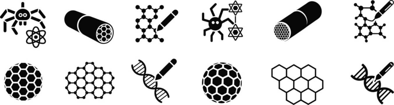 Nanotechnology and molecular structure icons featuring hexagonal lattice patterns dna strands and futuristic scientific research symbols for chemistry.