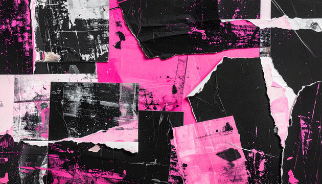 Grunge style black and pink collage with torn paper textures, rough brushstrokes, artistic chaos, abstract backdrop, ripped paper pieces composition.