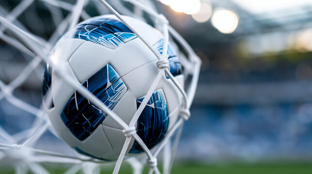 Official tournament match ball resting in a goal net, world cup football championship concept, defocused stadium background , with copy space