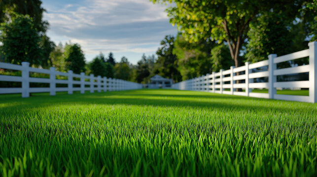 Suburban garden green lawn white fence grass field outdoor landscape sunny yard trees sky