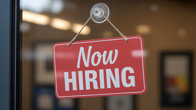 A red now hiring sign hanging on a glass door in a blurred office background