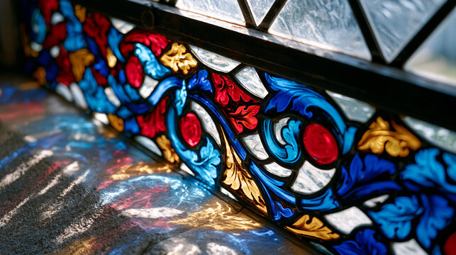 Lancet chapel window backlit by afternoon sun, medieval painted glass depicting vine scroll border with ruby jewel glass quarries, thin stone mullions casting shadow grids, Gothic pointed arch trace